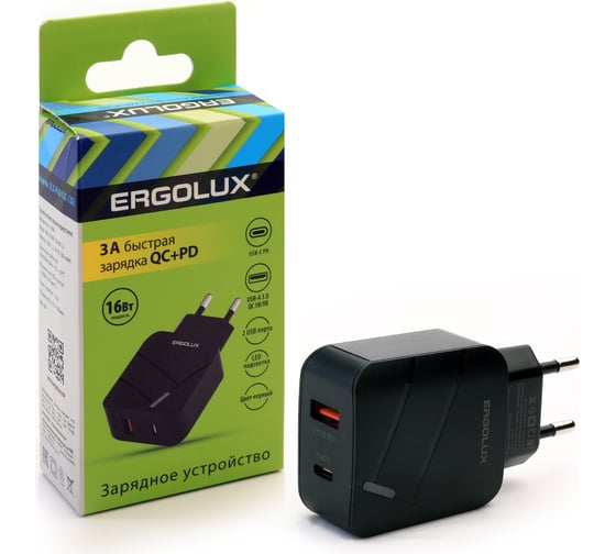 Изображение товара Сетевой адаптер 1usb+1type c Ergolux Elx-рa01qc-c02 100-220в, 5-9v/3а, qc, черный, коробка 15108