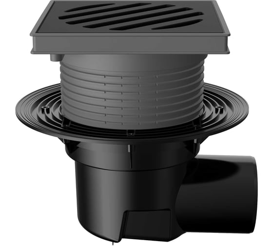 Изображение товара Регулируемый трап Fachmann t 615.0 pnsp 241x241 мм, горизонтальный выпуск, dn 110, с корзинкой и незамерзающим сифоном, без прижимного фланца, решетка чугунная, пластиковый подрамник 04.097