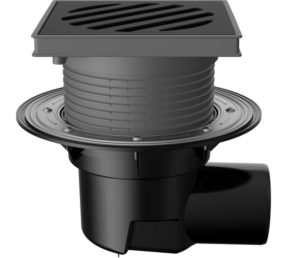 Изображение товара Регулируемый трап Fachmann t 615.1 pnsp 241x241 мм, горизонтальный выпуск, dn 110, с корзинкой и незамерзающим сифоном, с прижимным фланцем, решетка чугунная, пластиковый подрамник 04.098