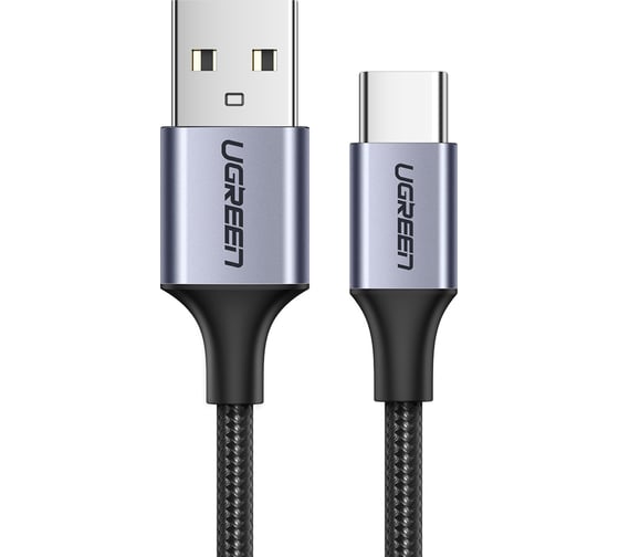 Изображение товара Кабель Ugreen USB A 2.0 - USB C, никелированная алюминиевая оплетка, цвет черный, 1 м 60126