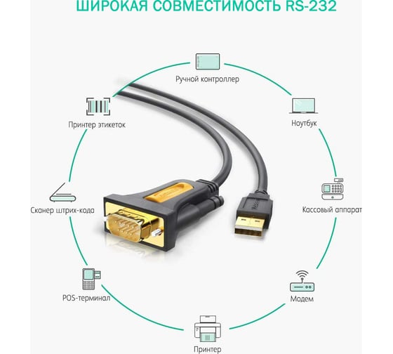 Изображение товара Кабель-адаптер Ugreen USB 2.0 A-DB9 RS-232, 3 м 20223
