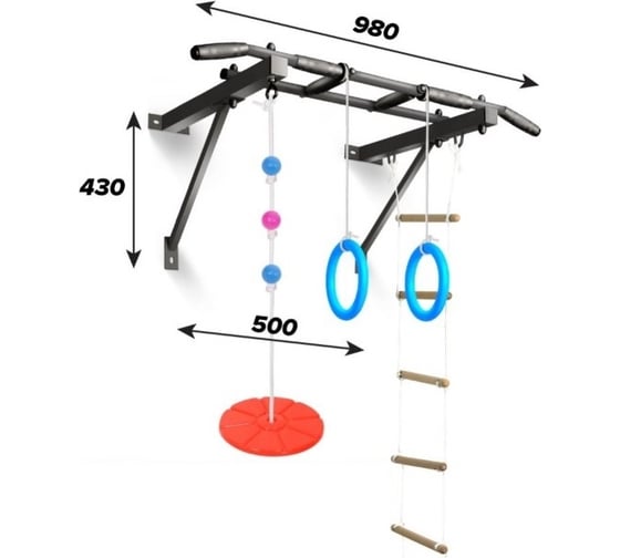 Изображение товара Турник Оптимист Absolute Champion тарзанка, лестница, кольца, черный с черными ручками АЧАЧ10045