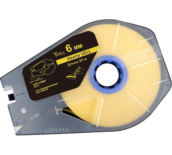 Изображение товара Лента Vell-1106Y (желтая, ширина 6 мм, длина 30 м) для Canon MK1500/MK2500/MK2600/MK3000/MK5000/Partex T800/1000/T2000 301575
