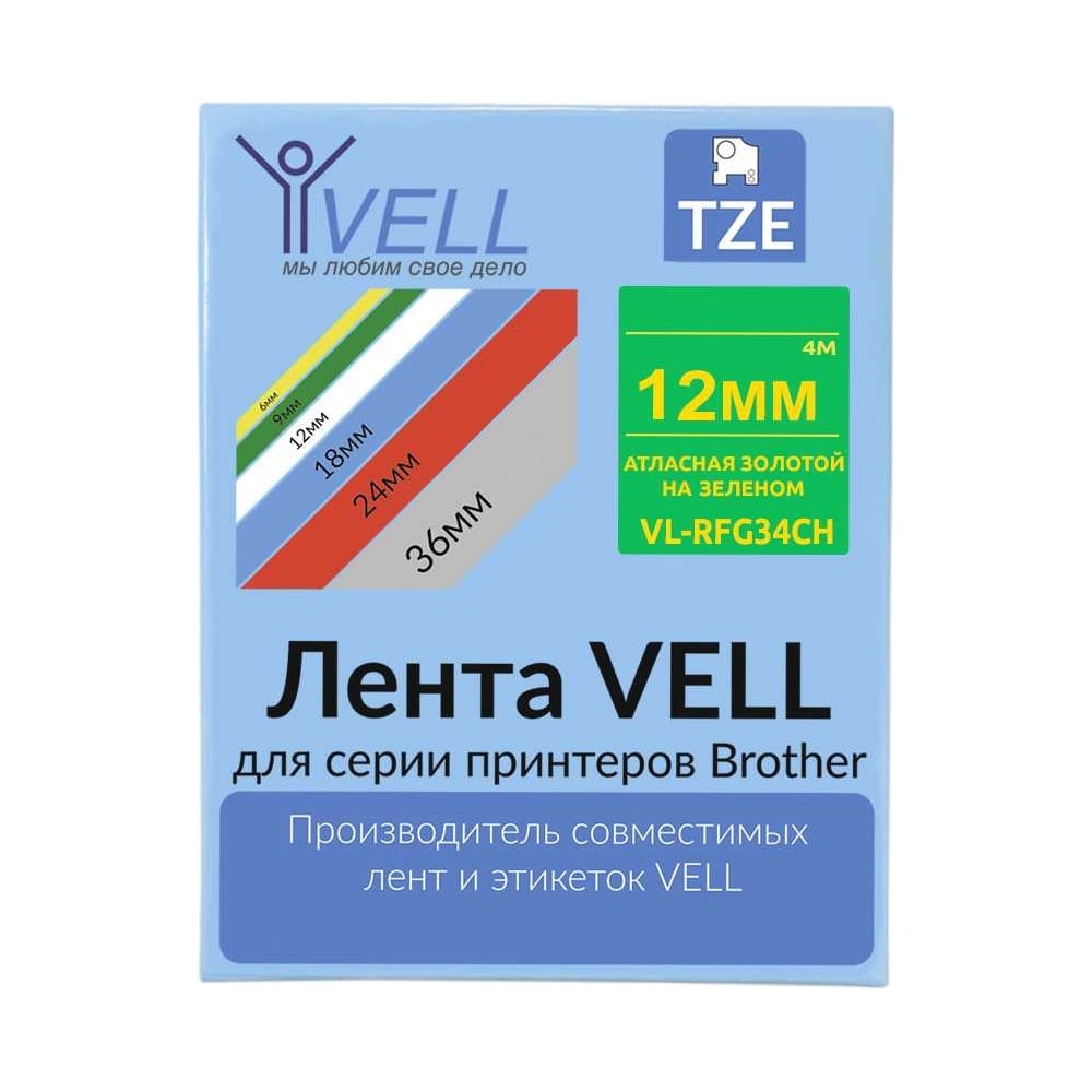 Изображение товара Атласная лента Vell VL-RFG34CH (с чипом, 12 мм, золотой на зеленом) для Puty PT-100E/100ECH, Brother D200/E110/D600/E300/P700 1350698
