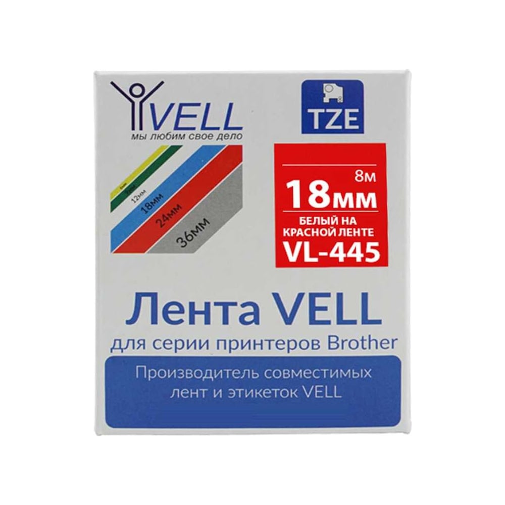 Изображение товара Лента Vell VL-445 18 мм белый на красном для принтеров Brother серии D и P