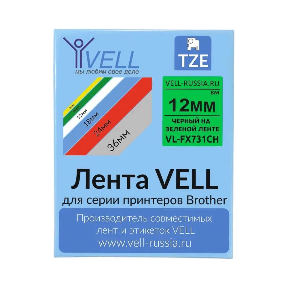 Изображение товара Лента Vell VL-FX731CH с чипом 12 мм черный на зеленом для принтеров и этикет-пистолетов