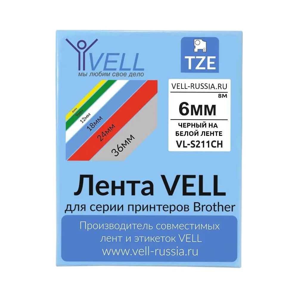 Изображение товара Лента Vell VL-S211CH (с чипом, 6 мм, черный на белом) для Puty PT-100E/100ECH/Brother D200/E110/ D600/E300/P700/E550/P900 1350662