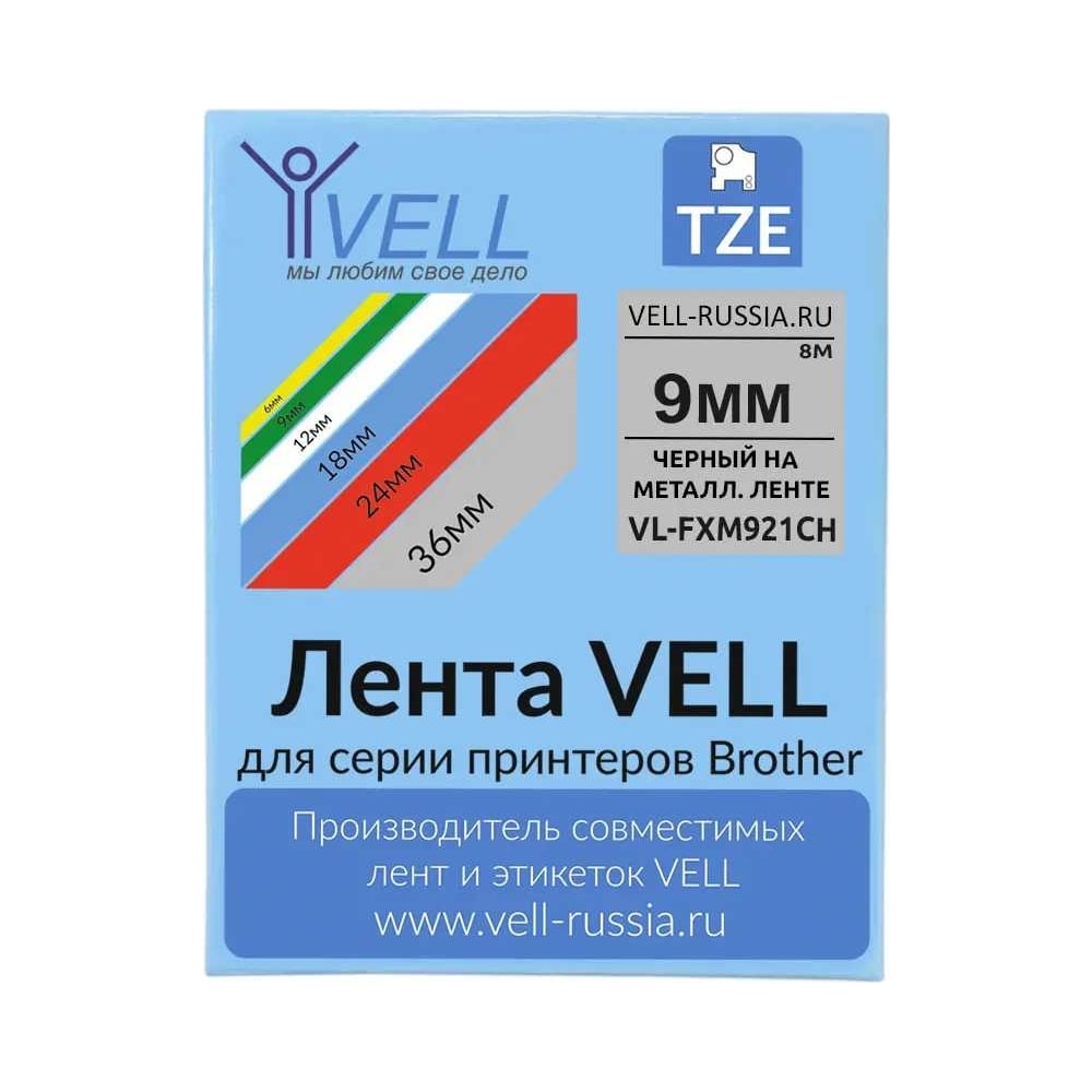Изображение товара Лента Vell VL-FXM921CH 9 мм черный на металлизированном для Brother и Puty