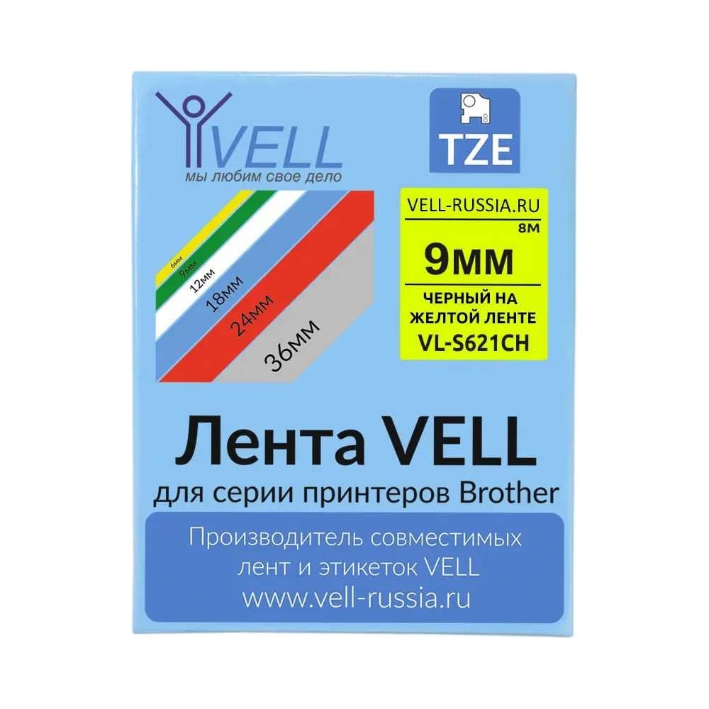 Изображение товара Лента Vell VL-S621CH для Puty и Brother термотрансферная 9 мм черная на желтом