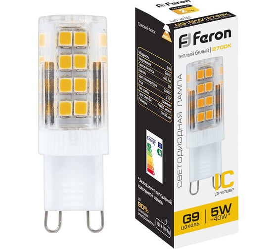 Изображение товара Светодиодная лампа FERON 5W 230V G9 2700K, LB-432 25769