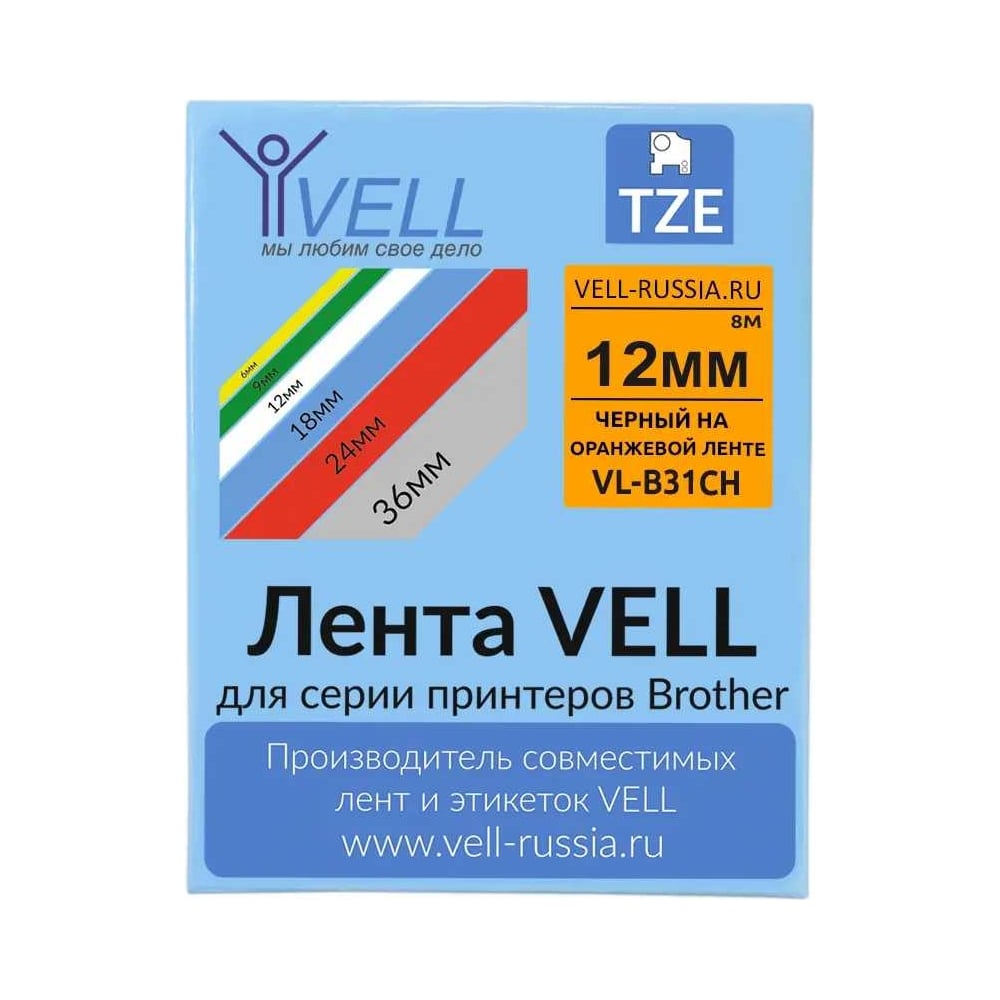 Изображение товара Лента Vell VL-B31CH 12 мм черный на оранжевом для термотрансферной печати