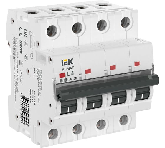 Изображение товара Автоматический выключатель IEK Armat m10n 4p, l, 4а AR-M10N-4-L004