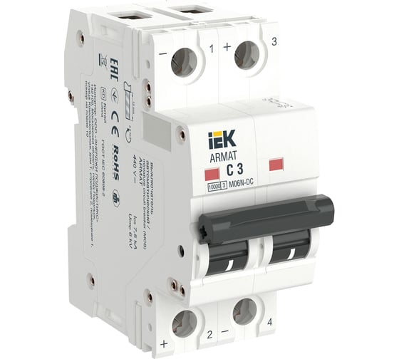 Изображение товара Автоматический выключатель IEK Armat m06n-dc 2p, c, 3а AR-M06N-2-C003DC