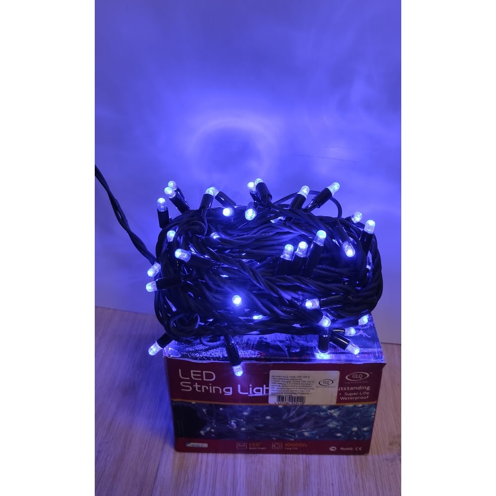 Изображение товара Светодиодная гирлянда GLQ 10м 100 диодов уличная синяя черный провод