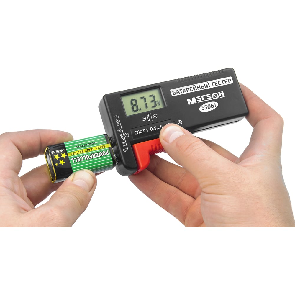 Изображение товара Тестер батареек МЕГЕОН 55061 для проверки всех популярных размеров батареек