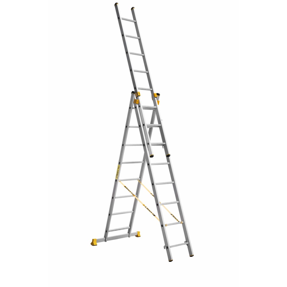 Профессиональная трехсекционная лестница Алюмет алюминиевая приставная профессиональная лестница алюмет p1 9108