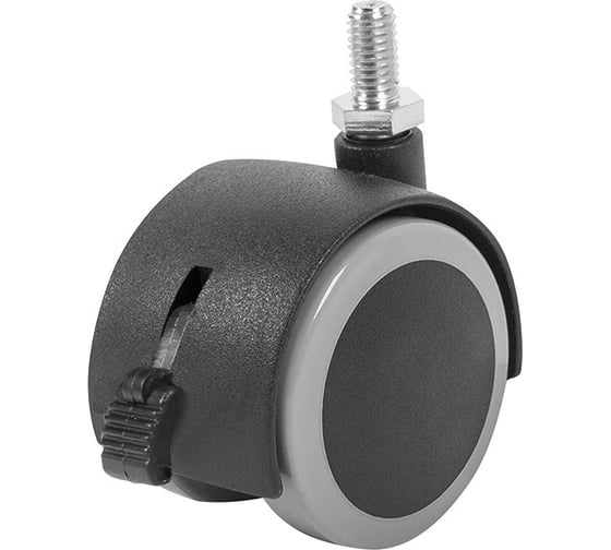 Изображение товара Мебельное колесо Tech-Krep поворотное, обрезиненный пластик, черный, резьба М10, D40, с тормозом - пакет 152334