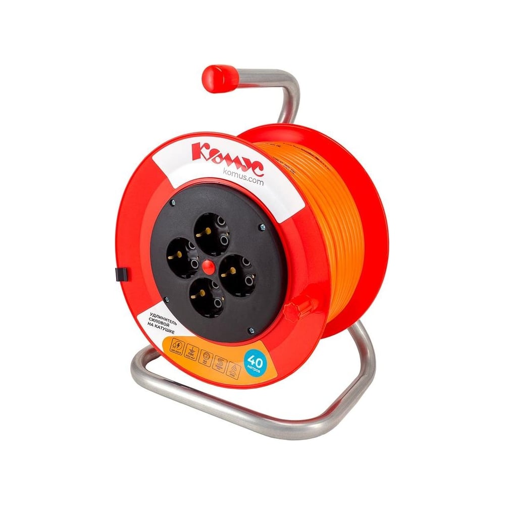 Изображение товара Удлинитель на катушке Комус 40м 4розетки IP20 с заземлением пластик ПВС