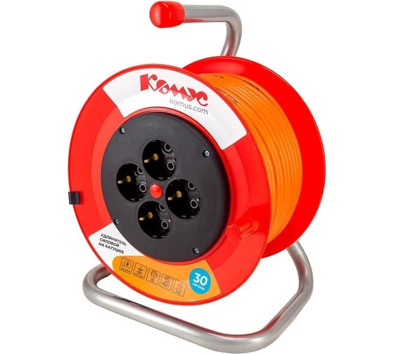 Изображение товара Удлинитель на катушке Комус пластик пвс 3x0.75 кв.мм 30м 10а 2200 вт ip20 с заземление 4 розетки1406203