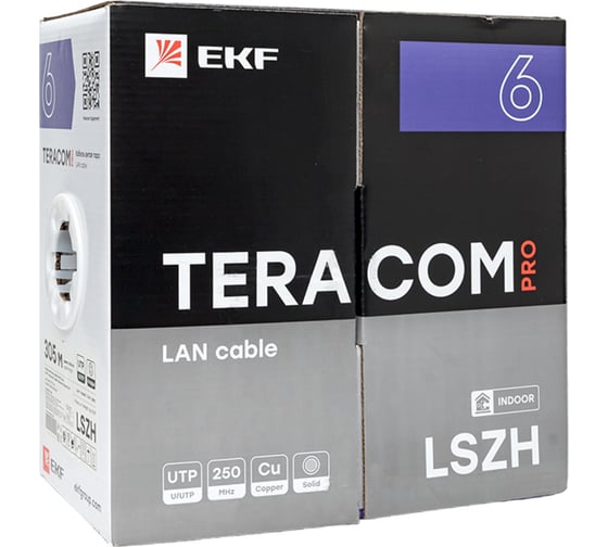 Изображение товара Кабель витая пара EKF TERACOM pro cat.6 u/utp 4 пары solid 23awg оболочка lszh нг(а)-hf, цвет серый, упаковка 305м TRP-6UTP-04LSH-GY-IN3
