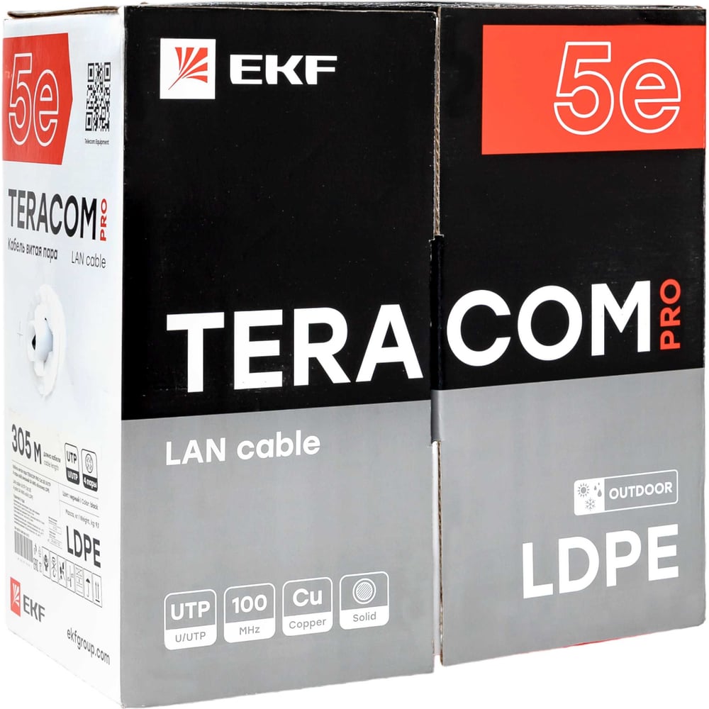 Кабель витая пара EKF TERACOM pro cat.5e u/utp 4 пары solid внешний 24awg оболочка ldpe, цвет черный, упаковка 305м TRP-5EUTP-04PE-BK-OUT3