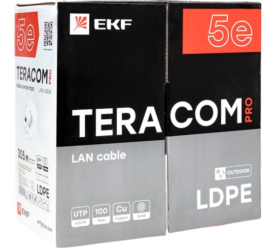 Изображение товара Кабель витая пара EKF TERACOM pro cat.5e u/utp 4 пары solid внешний 24awg оболочка ldpe, цвет черный, упаковка 305м TRP-5EUTP-04PE-BK-OUT3