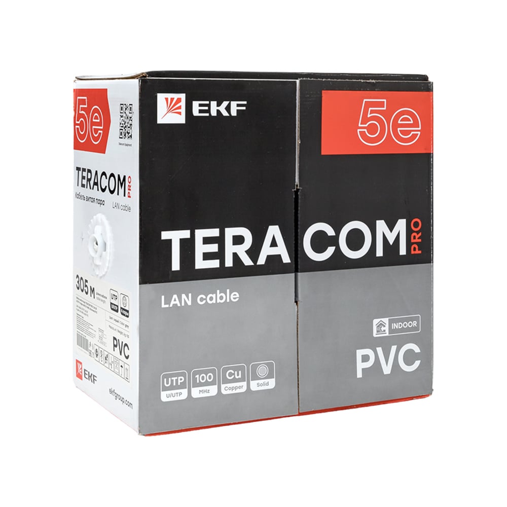 Изображение товара Кабель витая пара EKF TERACOM pro cat.5e u/utp 4 пары solid 24awg оболочка pvc, цвет серый, упаковка 305м TRP-5EUTP-04PVC-GY-IN3