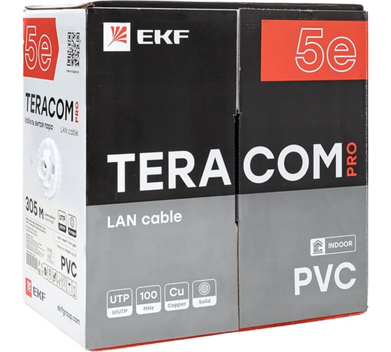 Изображение товара Кабель витая пара EKF TERACOM pro cat.5e u/utp 4 пары solid 24awg оболочка pvc, цвет серый, упаковка 305м TRP-5EUTP-04PVC-GY-IN3