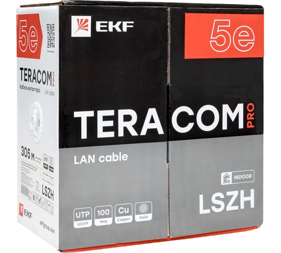 Изображение товара Кабель витая пара EKF TERACOM pro cat.5e u/utp 4 пары solid 24awg оболочка lszh нг(а)-hf, цвет серый, упаковка 305м TRP-5EUTP-04LSH-GY-IN3