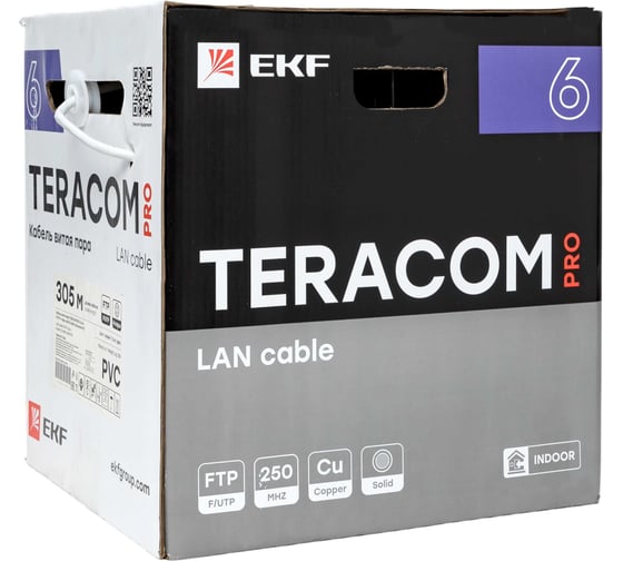 Изображение товара Кабель витая пара EKF teracom pro cat.6 f/utp 4 пары solid 23awg оболочка pvc, цвет серый, упаковка 305м TRP-6FTP-04PVC-GY-IN3