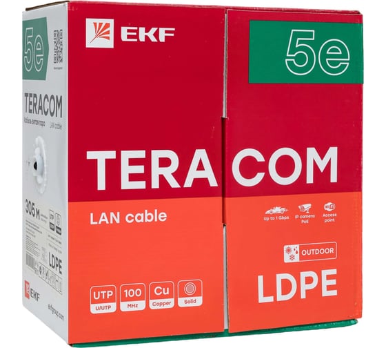 Изображение товара Кабель витая пара EKF TERACOM cat.5e u/utp 4 пары solid внешний оболочка ldpe, цвет черный, упаковка 305м TRC-5EUTP-04PE-BK-OUT3