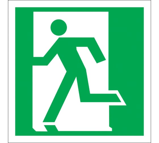 Изображение товара Знак "выход здесь (левосторонний)" Стандарт Знак е01-01, 200x200 мм, фотолюм s 2, пленка (гост 12.4.026-2015) 00-00009703