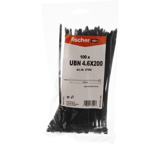 Изображение товара Кабельная стяжка Fischer UBN 4.6X200 устойчивая к УФ 100 шт. 87494
