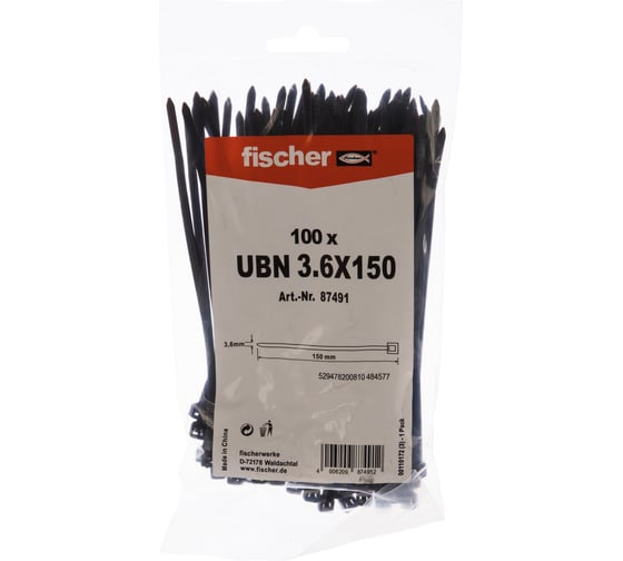 Изображение товара Кабельная стяжка Fischer UBN 3.6X150 устойчивая к УФ 100 шт. 87491