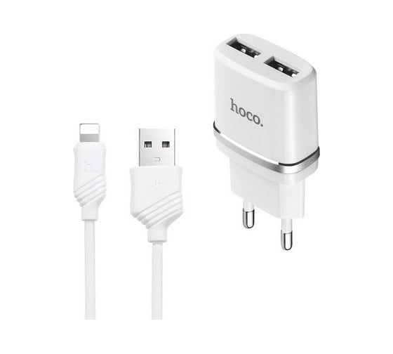 Изображение товара Сзу Hoco c12 smart 2xusb, 2.4а + usb кабель lightning 8-pin, 1м (белый) 0L-00037570