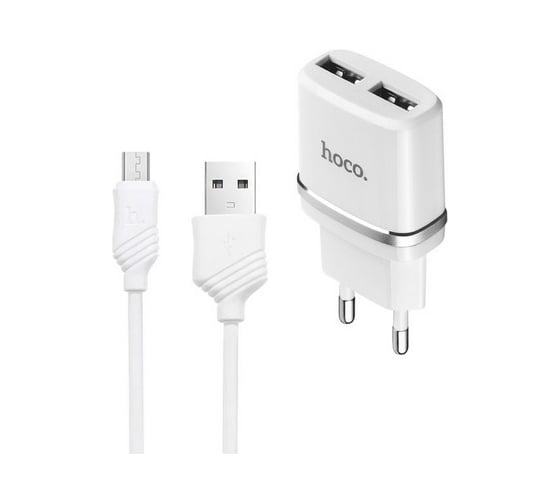 Изображение товара Сзу Hoco c12 smart 2xusb, 2.4а + usb кабель microusb, 1м (белый) 0L-00040528