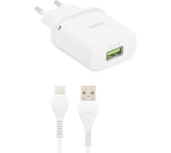 Изображение товара Сзу Hoco c12q smart 1xusb, 3а, 18w, qc3.0, led + usb кабель type-c, 1м (белый) 0L-00044852