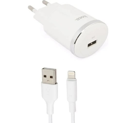 Изображение товара Сзу Hoco c37a thunder power 1xusb, 2.4а + usb кабель lightning 8-pin, 1м (белый) 0L-00041679