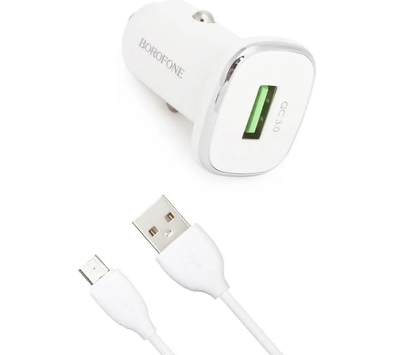 Изображение товара Автомобильное зарядное устройство Borofone bz12a lasting power 1xusb, 3a, qc3.0 + кабель microusb, 1м белый 0L-00044348
