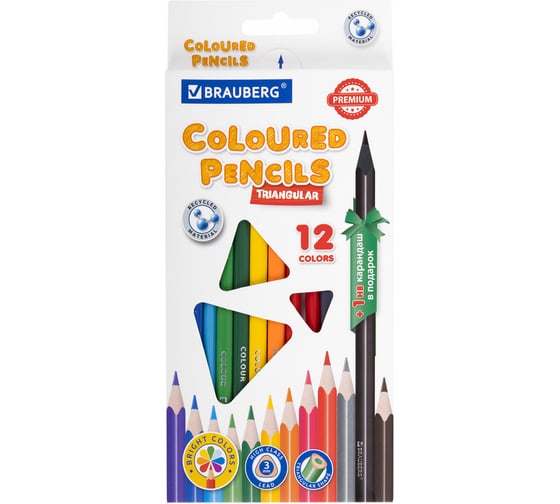 Изображение товара Цветные карандаши BRAUBERG Premium пластиковые, 12 цветов, 1 чернографитный карандаш, трехгранный корпус, грифель 3 мм 181936