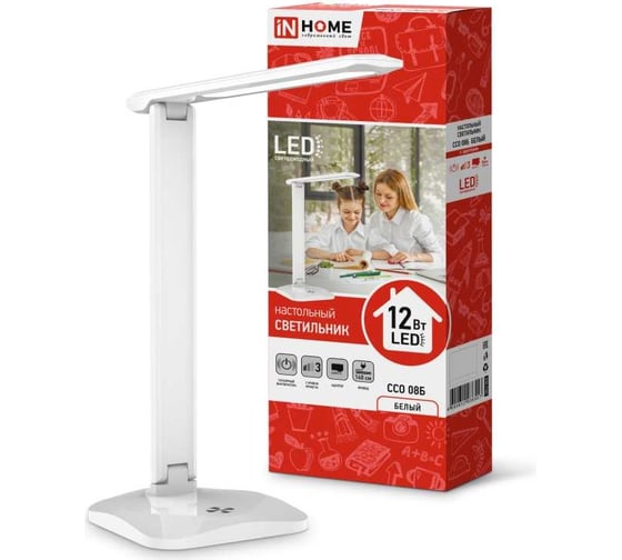 Изображение товара Настольный светодиодный светильник IN HOME SIMPLE ССО-08Б 12Вт 600Лм сенсорный, с адаптером БЕЛЫЙ 4690612036557