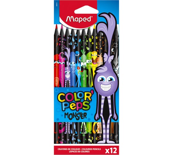 Изображение товара Цветные карандаши Maped Color Pep's Black Monster, набор 12 цветов, пластиковый корпус 862612 181986
