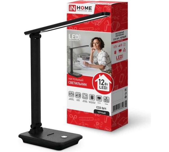 Изображение товара Настольный светодиодный светильник IN HOME SIMPLE ССО-06Ч 12Вт 600Лм сенсорный, с подставкой п/тел, с адаптером ЧЕРНЫЙ 4690612036526