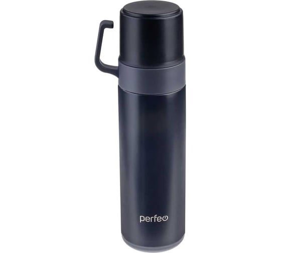 Изображение товара Термос для напитков с пробкой-кнопкой, кружкой Perfeo 0,6 л, черный 30017309