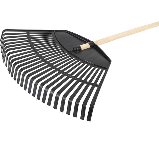 Изображение товара Пластиковые веерные грабли КЭС 600x1450 мм, 26 плоских зубьев, деревянный черенок, черные 21010075