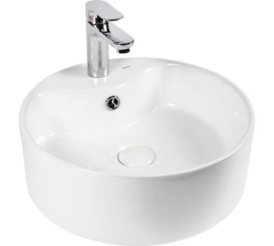 Изображение товара Раковина накладная керамическая круглая 41х41х15см белая с переливом и отверстием под смеситель S03-410