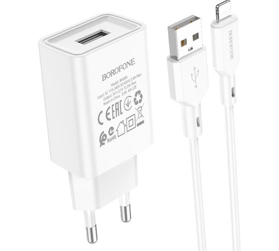 Изображение товара СЗУ Borofone ba68a glacier 1xusb, 2.1а + кабель lightning 8-pin, 1м (белый) 0L-00055773 23752-BA68AWI