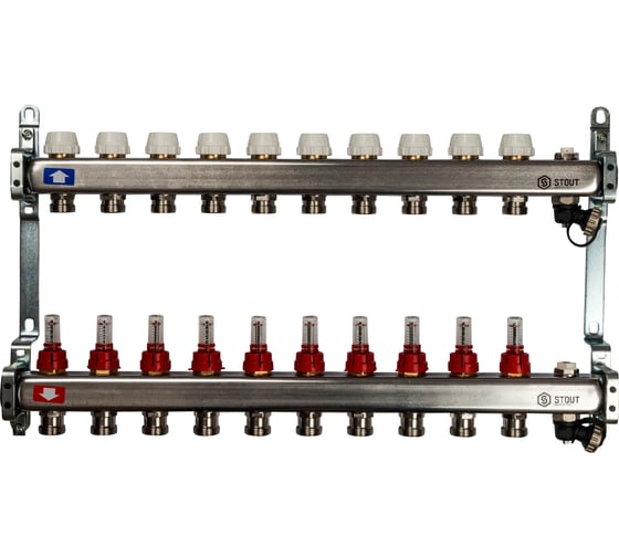Изображение товара Коллектор из нержавеющей стали с расходомерами, с клапаном вып. воздуха и сливом 10 вых. STOUT SMS-0927-000010