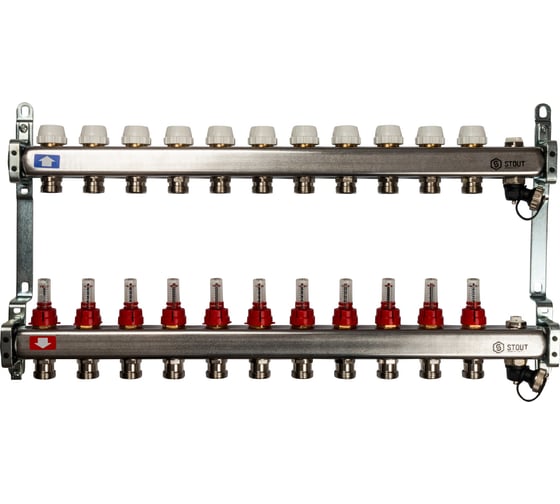 Изображение товара Коллектор из нержавеющей стали с расходомерами, с клапаном вып. воздуха и сливом 11 вых. STOUT SMS-0927-000011
