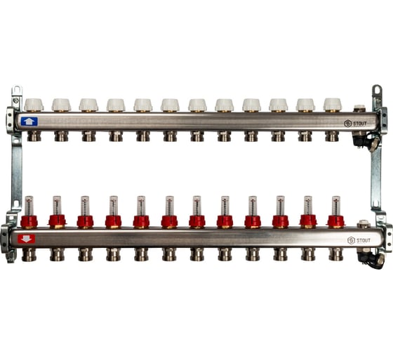 Изображение товара Коллектор из нержавеющей стали с расходомерами, с клапаном вып. воздуха и сливом 12 вых. STOUT SMS-0927-000012